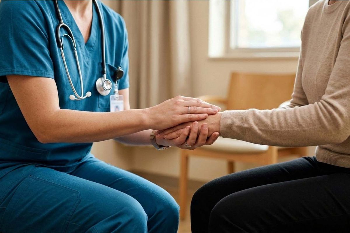 Pflegerin im Gespräch mit einer Seniorin – Beratungseinsatz für Pflegegeldempfänger