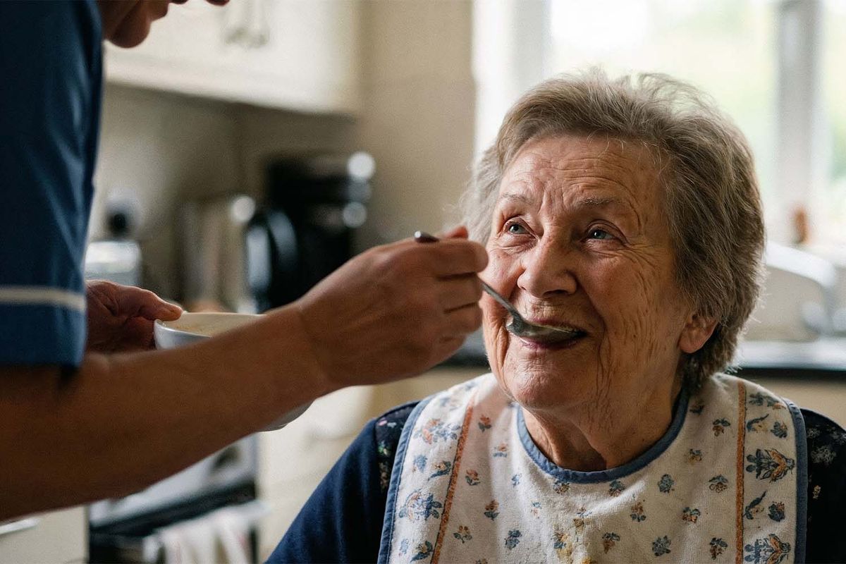 Pflegekraft reicht einer Seniorin das Essen – Betreuung und Begleitung im Alltag