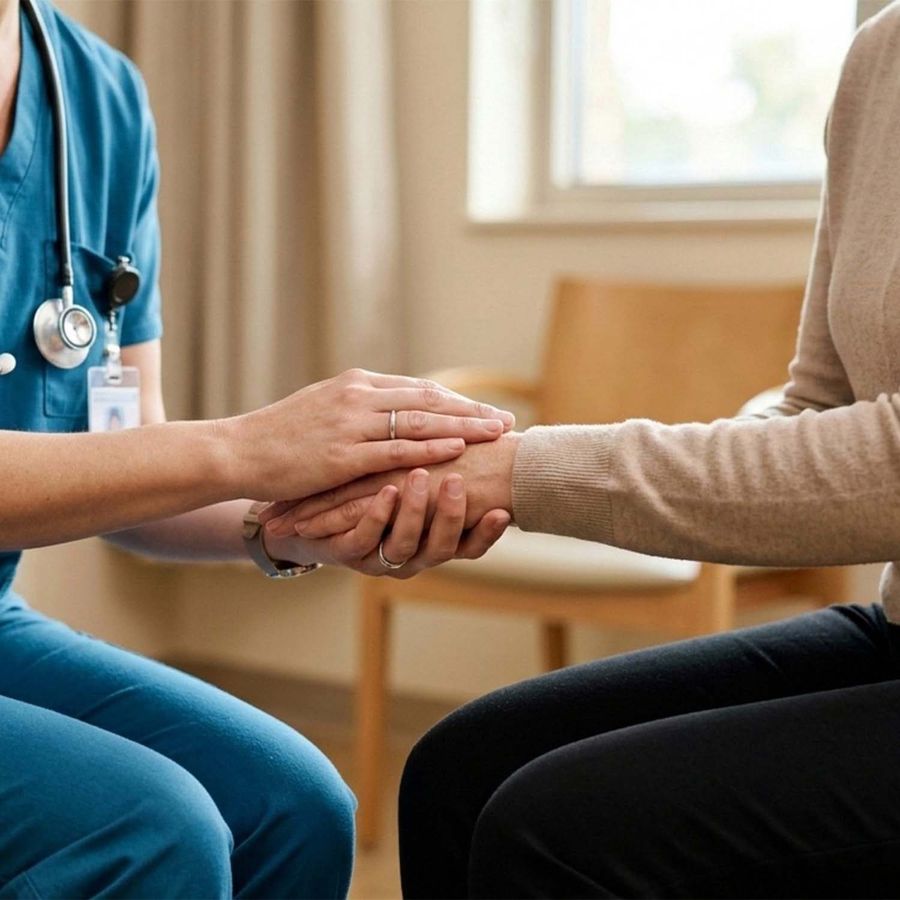 Pflegerin sitzt einer Seniorin gegenüber und hält ihre Hände – Betreuung und Gespräch im Alltag